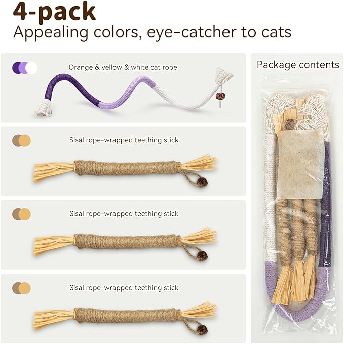 Cat Toys for Indoor Cats, 3 Pcs Silvervine Sticks & 1 Pc Cat Chew Rope for Teeth Cleaning, Interactive Dental Sticks with Catnip for cat enrichment, Kitten Chew Toys Teething for All Breeds Purple