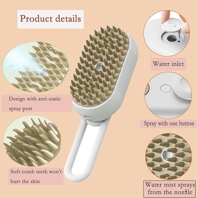 3-in-1 Cat & Dog Grooming Brush, Steam & Massage, USB Rechargeable, White, All Hair Types, Pet Owners (Cats & Dogs), Unisex
