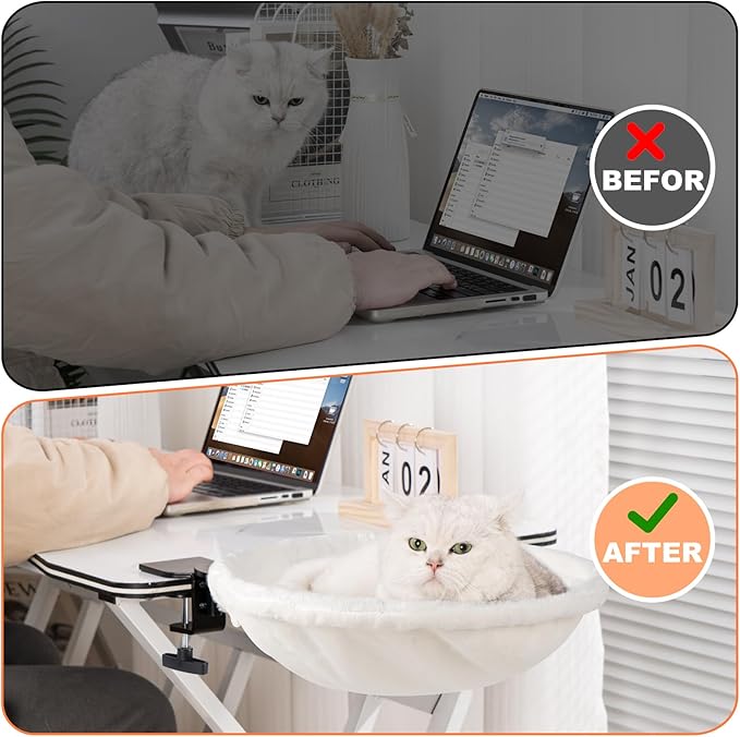 Uross Cat Desk Bed - 180° Rotating Soft & Comfortable Rabbit Fur Bed, Modern Indoor Cat Nest Furniture for Office Desks and Game Tables, Island Table-Supports 50 lbs-(Beige)