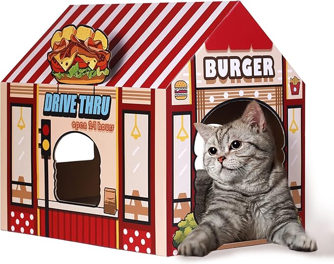 SEKAM Cardboard Cat House with Scratcher/Catnip, (16.5''x12''x15'') Burger Shop for Indoor/Outdoor Cats, Cat Play House&Home Decor, Cat Scratch Toy, Hideout for Bunny&Small Animals