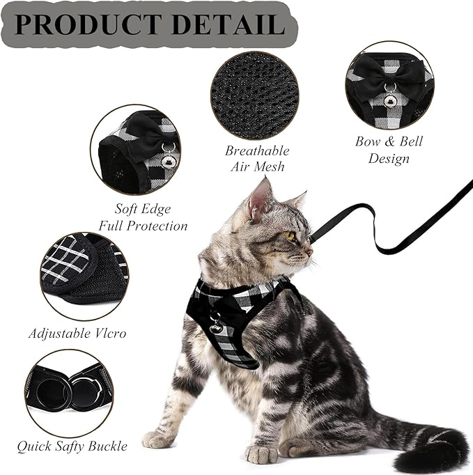 Cat Leashes and Harnesses for Walking,Breathable Soft Kittens Vest for Cats Dogs, Kitten Harness Escape Proof with Bell and Bow-Knot Decoration Christmas(M, Black-White)