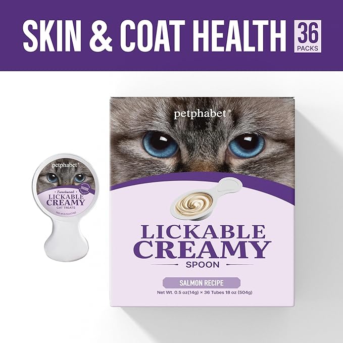 PETPHABET Lickable Cat Treats Spoon, 36 Count Creamy Puree Kitten Treats Salmon & Fish Roe Recipe, Functional Wet Paste Cat Snacks for Skin & Coat Support, Grain-Free Kitty Treat with Taurine