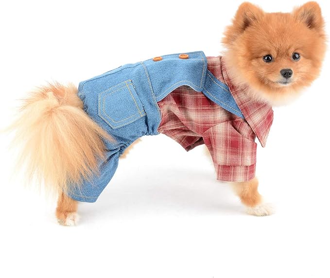 Shirt with Bib Pants for Dogs Plaid Tank Tops Tshirt Outfits for Small Male Dogs Puppies Chihuahua Overalls for Cats Apparel for Kittens Summer Adorable Pets Clothes Short Sleeves Red S