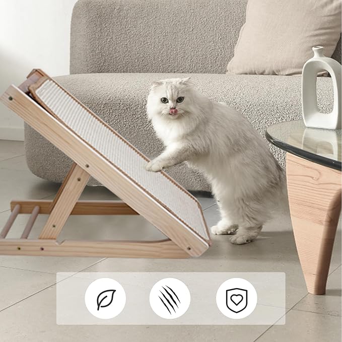 PINVNBY Tilted Angled Cat Scratcher Ramp with Replaceable Natural Sisal Mat,Incline Wooden Cat Scratching Board Three Different Adjustable Height Cat Scratch Pad Bed for Indoor Cats Kitten