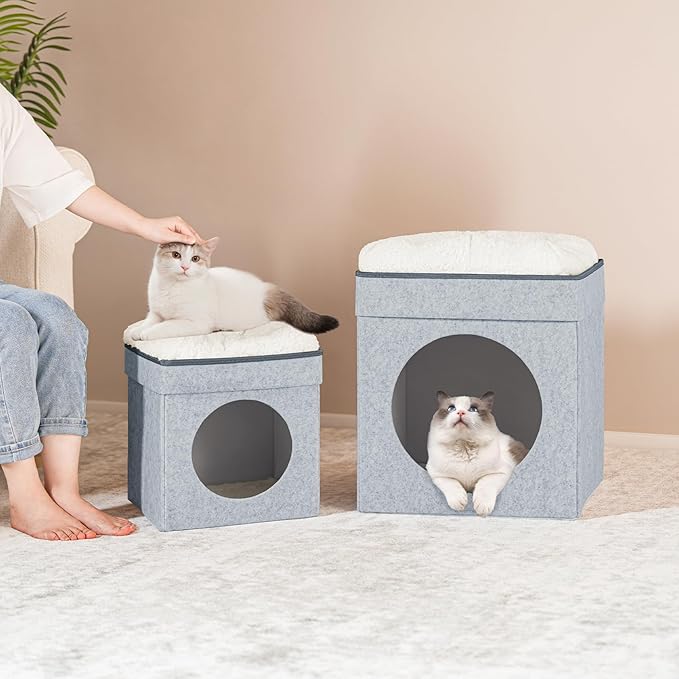 B FSOBEIIALEO Cat House Cube Small Dog Cubes For Indoor Cats Folding Cat Ottoman, Cat Cave, Stackable Cat Condo For Kitten, With Removable Soft Sleeping Bed, Felt And Engineered Wood 12.6"(Light Grey)