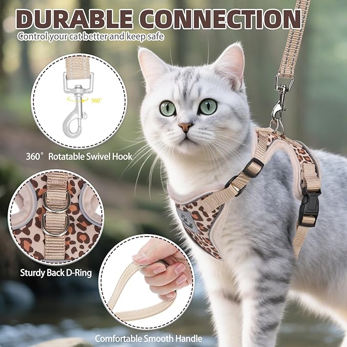 PUPTECK Cat Harness and Leash Set Escape Proof Reflective Cat Walking Harness Adjustable Soft Breathable Mesh Vest for Small Pets, Khaki Leopard Print, S