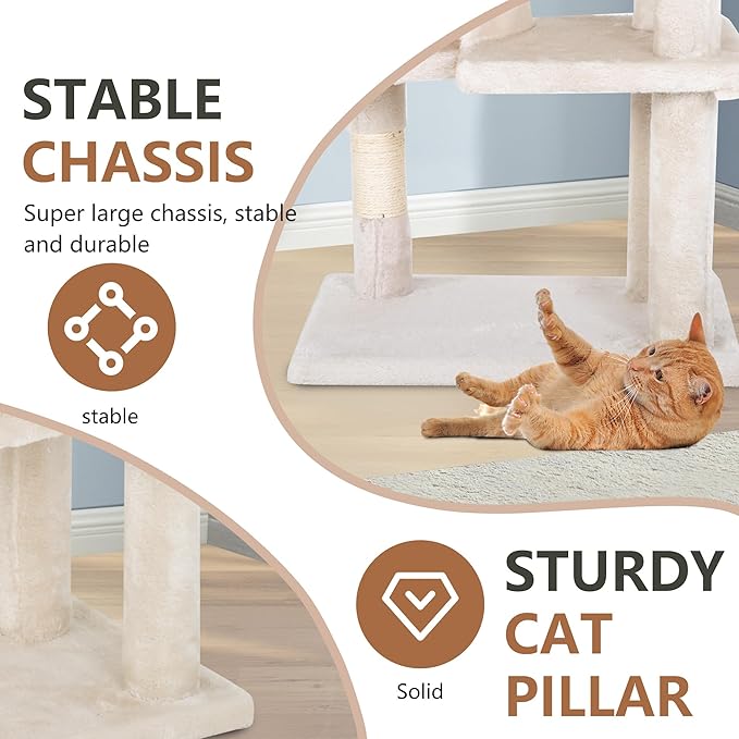 FDW | 36" Cat Tree Tower | Beige | Multi-Level Indoor Activity Center with Sisal Scratching Posts, Condos, Plush Perches, Hanging Cat Toys | Sturdy, Easy to Assemble | for Kittens & Adult Cats