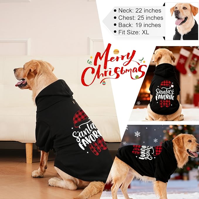 EXPAWLORER Dog Christmas Hoodie - Dog Christmas Sweater Xmas Sweatshirt with Santa Hat Print, Warm Fleece Lined Holiday Pet Outfit with Leash Hole, Cozy Soft Pet Clothes Coat for Large Dogs, XL