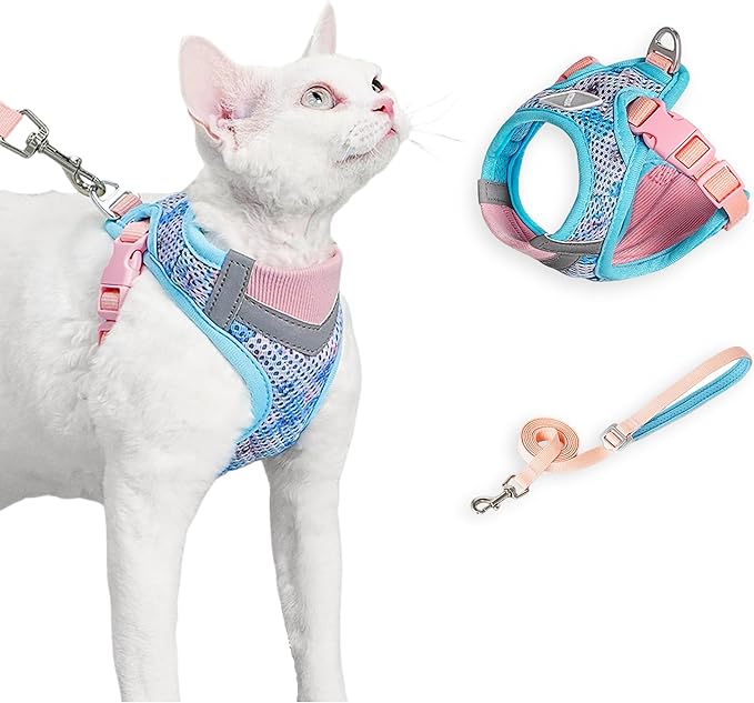 Cat Harness and Leash Set for Comfortable Outdoor Walking, Escape Proof, Adjustable Soft Kitten Vest Harness with Reflective Strip for Cats, Small Dogs (Blue Pink, M)