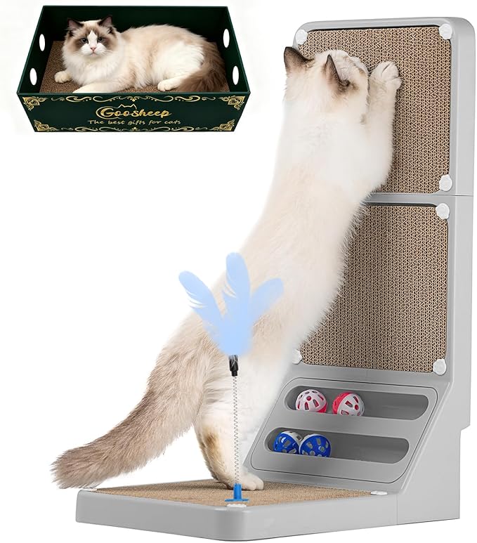 Goosheep Cat Scratching Board Cat Scratching Post,2-in1 L Shaped Cats Cardboard Scratcher with Box, Kitten Scratcher Ball Wall Scratchers Pad for Indoor Cats Grey
