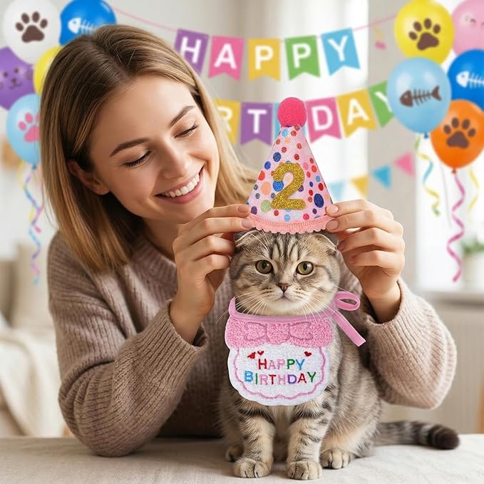 Cat Birthday Outfit, Cat Birthday Bandana and Hat Set with Number Kitten Birthday Costume, Cute Pet Birthday Party Decoration Outfits for Pet Cats Supplies (Pink)