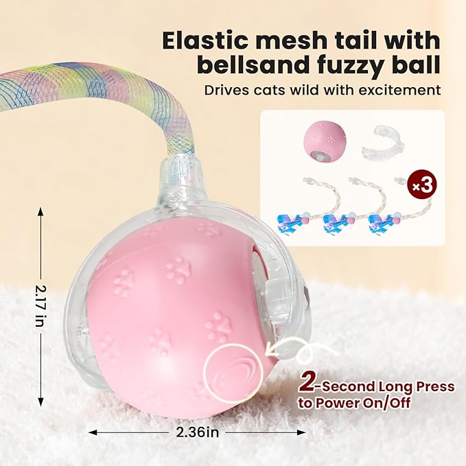 Rocfish Cat Toys, Cat Toys for Indoor Cats, Cat Toys Interactive, 360° Rotating Automatic Interactive Cat Ball, Smart Activation, LED Light, Type-C Rechargeable, 3 Replaceable Dragonfly Tails (Pink)