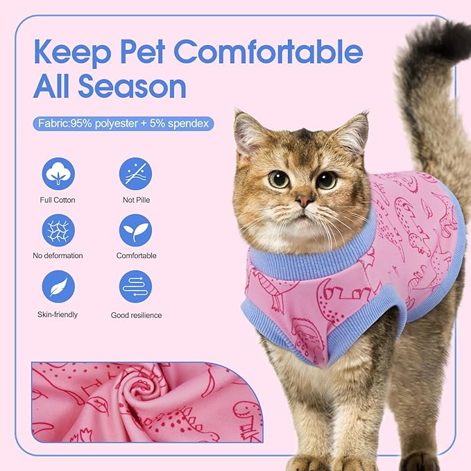 Large Sphynx Hairless Cat Clothes with Dinosaur Print, Pullover Kitten T-Shirts Vest, Sleeveless Bodysuit Cat Pajamas Jumpsuit, Breathable Daily Wear Clothes for Cats