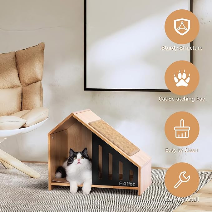 A4PET Cat House Wooden Cat Condo Cat Furniture for Indoor Cat Shelter with Scrather Cushion with Non-Slip Silicone, Pet House for Cats Small Dogs