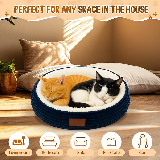 2 Pack Cat Beds for Indoor Cats 20 Inches Washable Round Donut Pet Bed Cushion Self Warming for Cats, Small Dogs, Puppy, and Kitten (Gray, Dark Blue)
