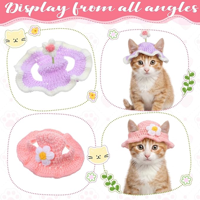 Cat Hats for Cats Only Cute Knit Cat Hat Flower Hat with Adjustable Cord Handmade Crochet Cats Clothes Soft Cute Knitted Hats Christmas Party Costume Accessory for Puppy Kitten (Purple, Pink)
