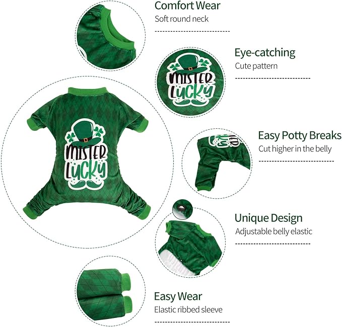 CuteBone Dog St.Patrick's Day Pajamas Puppy Onesies Small Dogs Soft Pjs Coat Cat Apparel Comfy Pet Clothes Outfit Doggie Bodysuit P274L