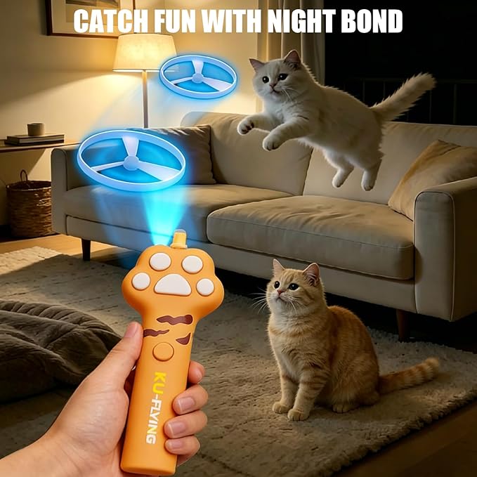 Cat Flying Disc Launcher Toy,Disc Launcher Rechargeable with 6 Flying Discs (3 Glow),Outdoor Toys to Help Pets Lose Weight and Exercise