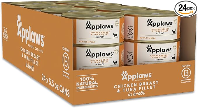 Applaws Natural Wet Canned Cat Food, Limited and Natural Ingredients, High Protein with No Artificial Additives, Chicken Breast & Tuna Fillet in Broth (24 x 5.5oz Cans)