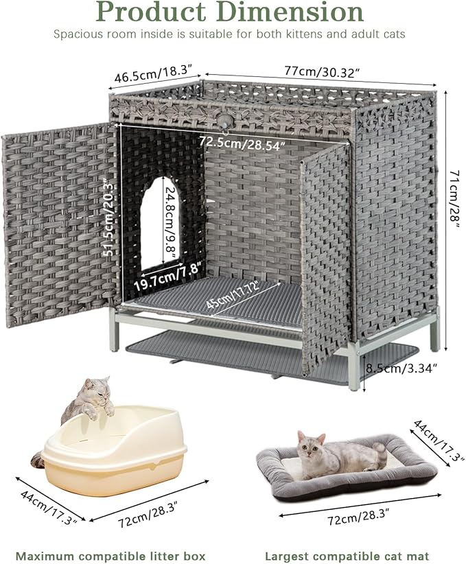 SETVSON Cat Litter Box Enclosure Furniture, Hidden Handwoven Rattan Litter Box with Mat, Large Cat House with Metal Heightened Feet, 30.3 x 18.3 x 28 Inches, Indoor for Living Room, Bedroom Gray