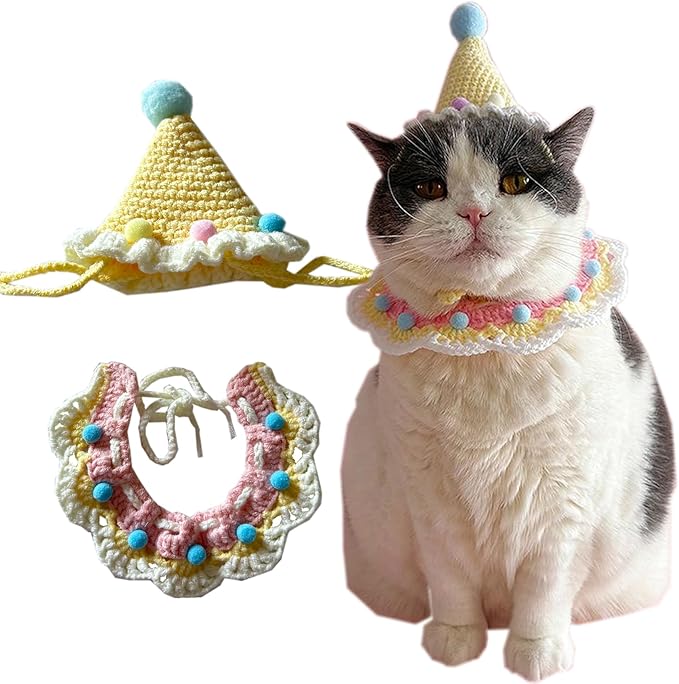 Cat Birthday Hat & Collar Set: Handcrafted Knit & Crochet Accessories for Pets, Kitten, Small Animals