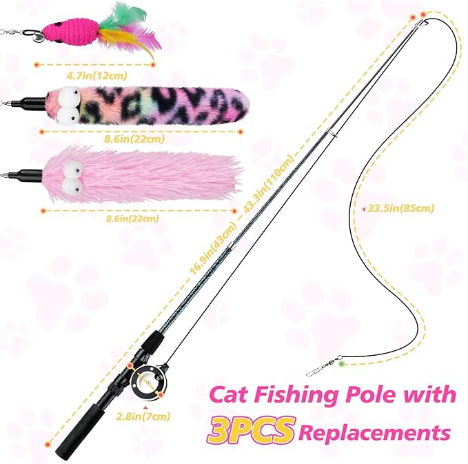 Pawaboo Cat Teaser Wand Toys, Cat Fishing Pole Toy with 3 Pack Feather Refills, 3-Section Retractable Kitten Feather Toys with Pulley, Indoor Cats Teaser Catcher Exerciser with Bell, Rose Red + Pink
