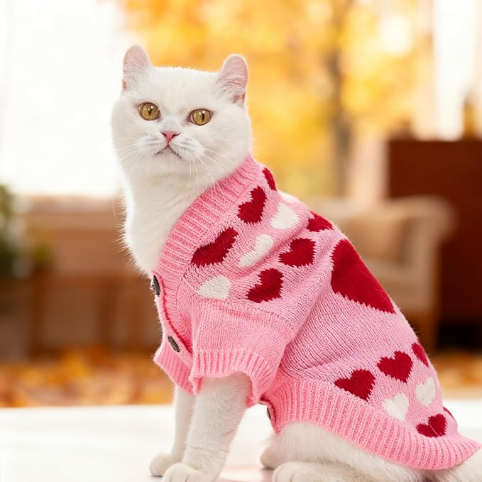 EXPAWLORER Cat Valentines Outfit Sweater Cardigan - Valentine's Day Knit Cat Clothes, Soft Puppy Sweater with Sleeve, Cute Warm Pet Clothing Knitwear, Kitten Coat for Girl Boy Cats, Love Heart S