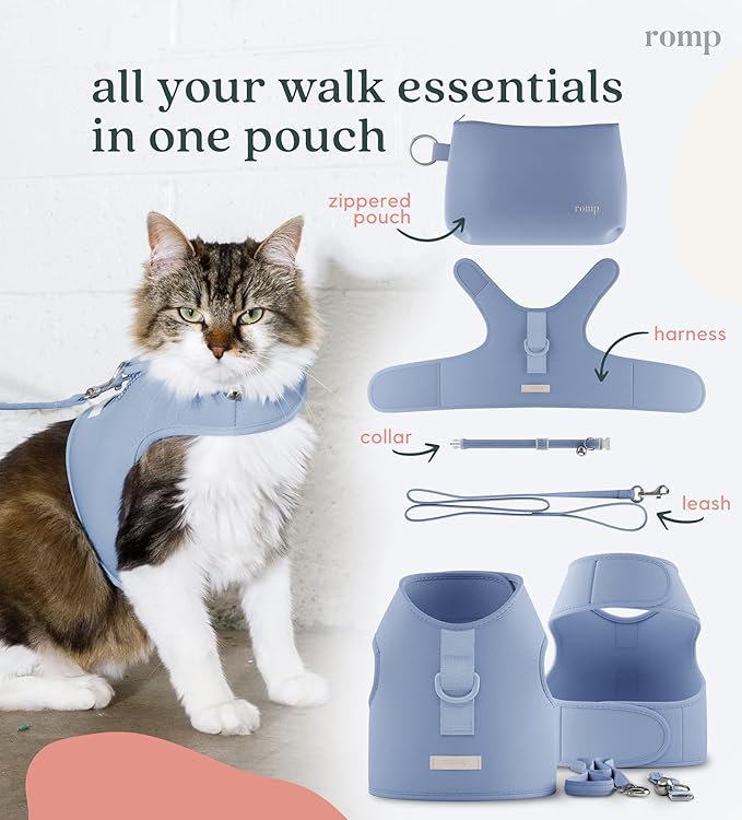 Cat Harness, Collar & Leash Set - Escape Proof Adjustable Choke Free Velcro Harness Vest for Walking Cats & Kittens (Cotton Blue, Small)