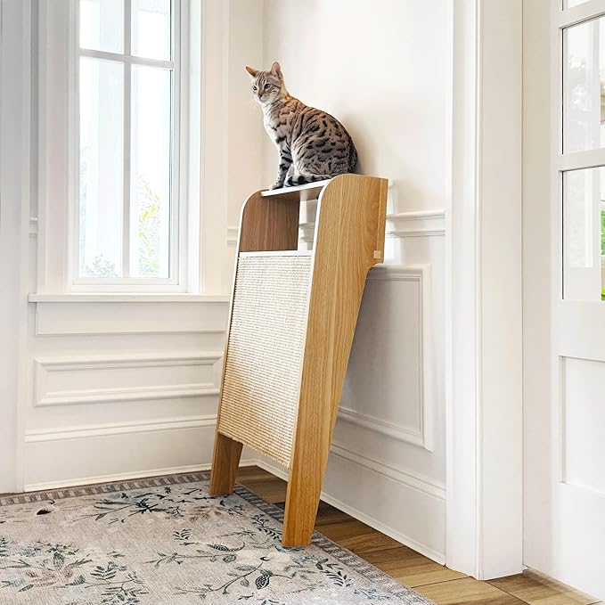 4 Cats & Dogs Wesley Cat Scratcher – Stylish & Durable Sisal Scratching Post Shelf, Vertical Scratch Board Furniture Protector, Indoor Wooden Cat Scratcher for Entryway Décor 20” x 11” x 40”- Oak