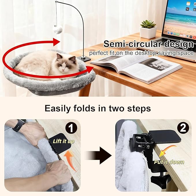 Cat Desk Bed - 17x18 in Cat Desk Perch for Remote Workers, Gamers and Office Staff - Desktop Suspended Cat's Bed (Holds up to 40 lb) - Foldable Cats Hammock Desk for Removable Cover and Toy Holder