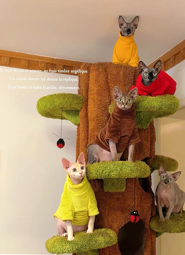 Sphynx Cat Clothes Winter Turtleneck Soft Coral Fleece Cat Clothes Thicken Warm Pajamas Coat for Hairless Cats and Small Cat Apparel with Sleeves (Brown Coffee, XXL（12.7-16lbs）)