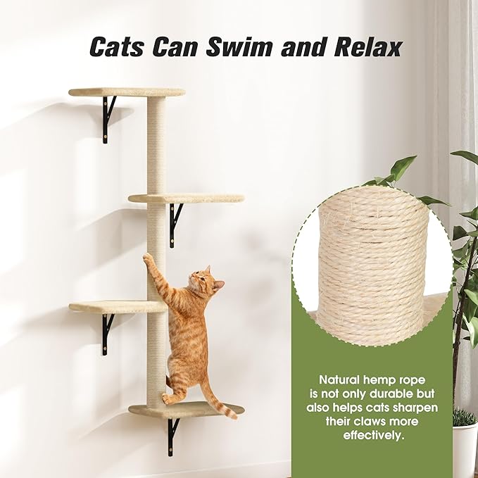COZIWOW 5-Piece Cat Tree Set with Wall Mounted Cat Shelves, Cat Scratching Post & Cat Wall Furniture, Multi-Functional Indoor Cat Jungle Gym, Essential for Cat Room, Suitable for Large Cats(Beige)