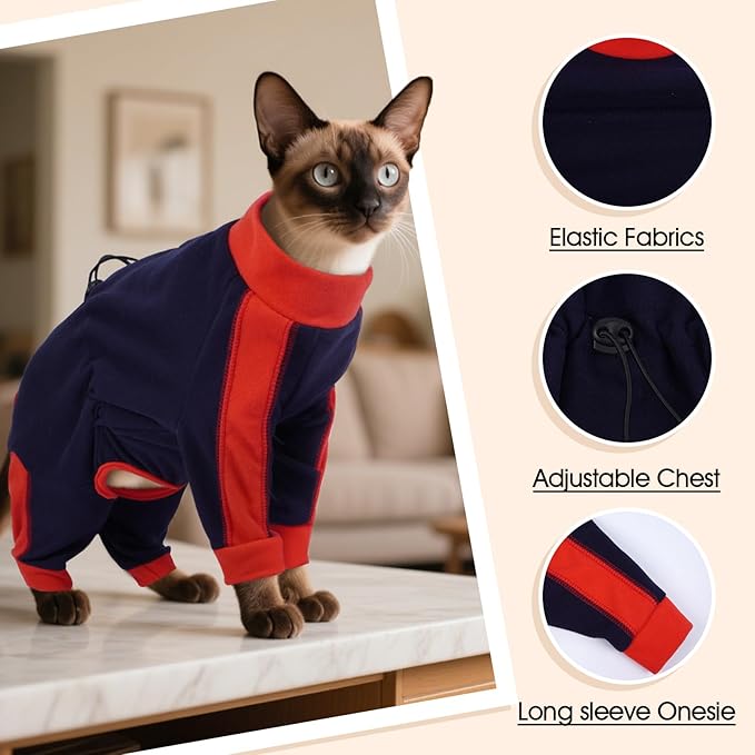 DENTRUN Cat Clothes with Anti-Shedding Fabric - Soft Recovery Suit & Breathable Lint-Resistant Cat Sweater for Wound Care & Hair Control, Kitten Onesie Pajamas, S, Dark Blue