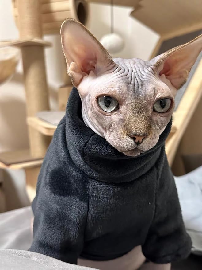 Sphynx Cat Clothes Winter Turtleneck Soft Coral Fleece Cat Clothes Thicken Warm Pajamas Coat for Hairless Cats and Small Cat Apparel with Sleeves (Black, M（3.8-6lbs）)