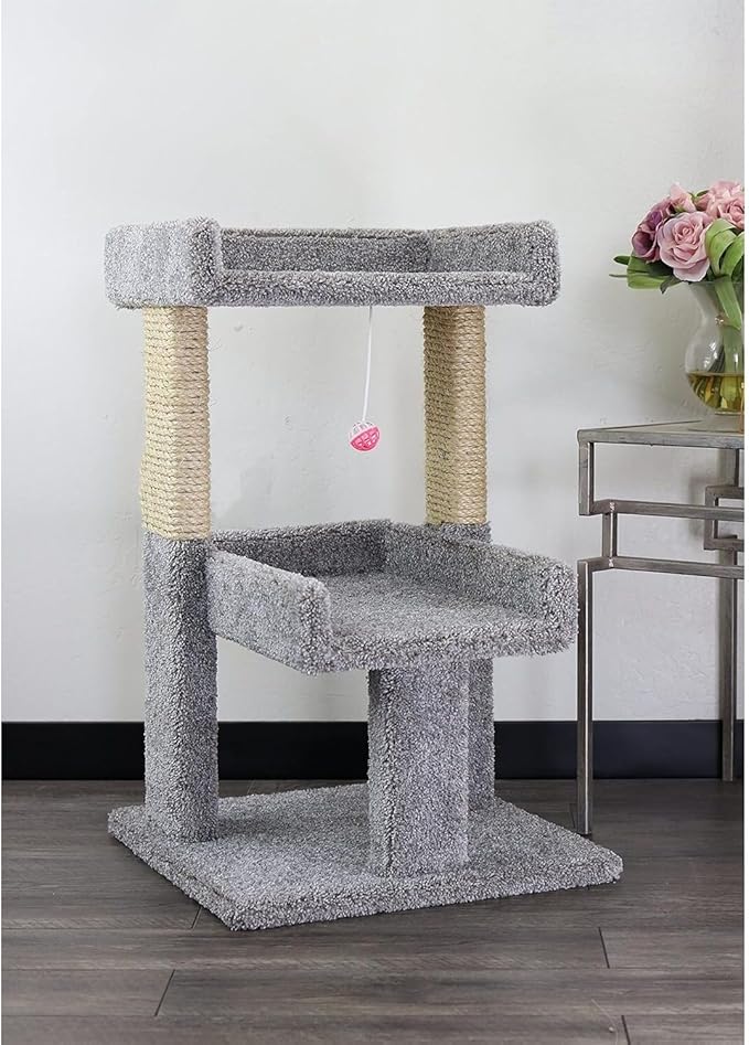 Maykoosh Artisanal Abode Spacious Cat Tree Perch for Large Cats, Durable Carpet Upholstered Cat Play Tower, Sturdy Wood Construction Light Gray