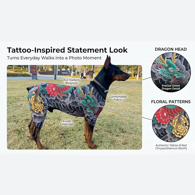 Dog Tattoo Bodysuit, Soft Stretch Pet Jumpsuit for Dogs & Cats, Breathable Tattoo Print Outfit for Photos, Parties, Daily Wear & Shedding Control (L)