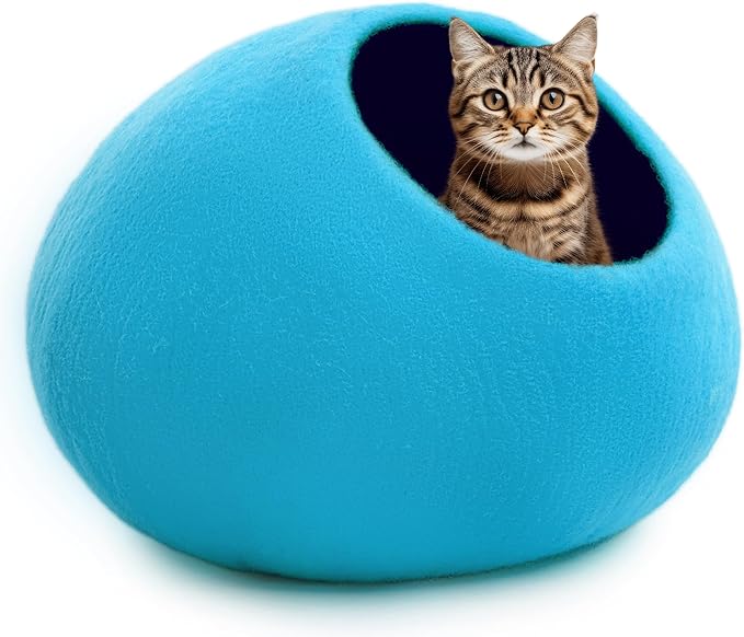 Woolygon Premium Felt Cat Cave Bed – Wool Kitty Beds Handcrafted Kitten Caves Bed for Indoor Cats - Made from Merino Wool, Foldable Cat Hideaway Covered Cat House Pod (Blue Plain)