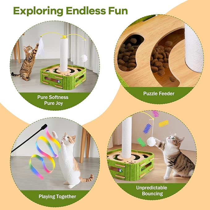 Cat Puzzle Box Toy for Indoor Cats Boredom Relief Interactive Wooden Cat Enrichment Maze with Jingle Balls, Feather Wands & Spiral Springs, Slow Feeder Treat Dispenser for Kittens & Adult Cats