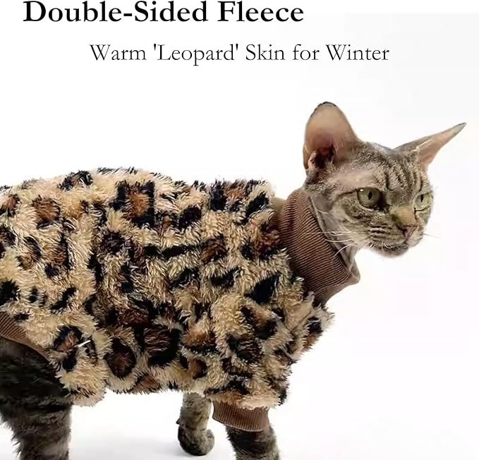 Cat Leopard Double-Sided Fleece Pullover, Soft Warm Clothes for Hairless Sphynx, Devon & All Indoor Kittens in Winter (Leopard,2XL)