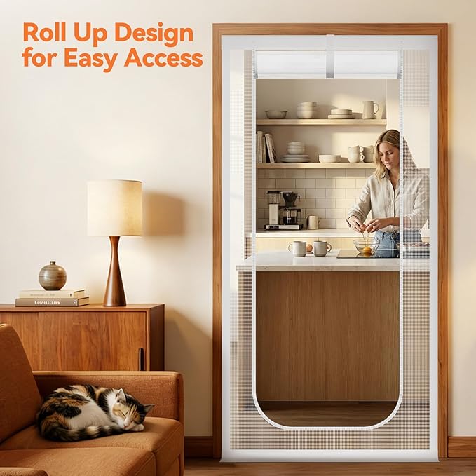 BFNN Cat Screen Door, Extra Tall Cat-Proof Mesh Gate, Fit Door Size 30'' x 80'', Anti Scratch Mesh with Zipper Closure, for Living Room, Kitchen, Bedroom (White, U-Shaped)