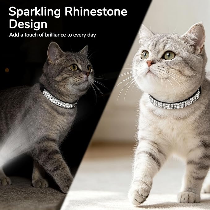 BINGPET Diamond Cat Collar with Bell, Adjustable Soft Velvet Bling Rhinestone Cat Collar, Sparkly Kitten Collar with Safety Elastic & Metal Buckle for Small Medium Cats