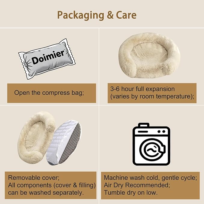 Calming Dog & Cat Beds with Orthopedic Egg-Crate Foam Raised Rim, Soft Fluffy Faux Fur Pet Bed for Small Medium Dogs, Anxiety Relief Spine Support, Machine Washable Cover (Round, Beige 23")