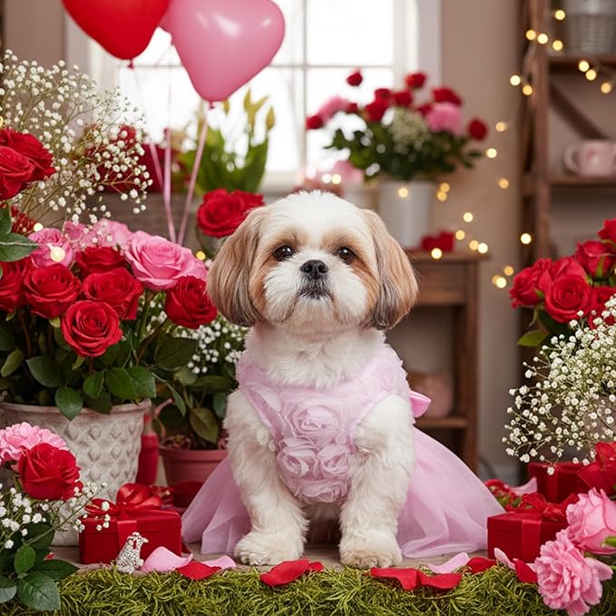 Valentine's Day Dog Dress Rose Tulle Tutu Skirt with Pink Bowknot for Small Dog Cat Valentine's Day Wedding Birthday Party Outfit