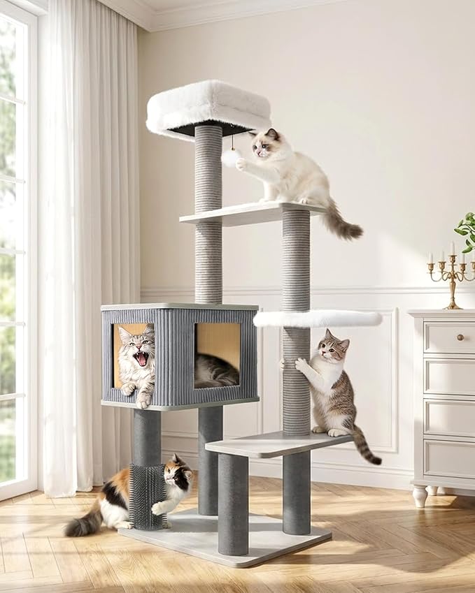 Maine Coon Cat Tree for Large Cats, Modern Cat Tree Tower with Plush Platforms, Heavy Duty Cat Trees for Indoor Cats Large Adult, Gray Sisal Posts, Scratching Post for Indoor Cats