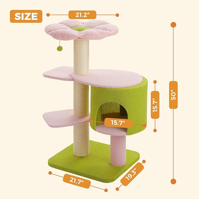 Flower 50-Inch Heavy-Duty Cat Tree for Large Cats - Sturdy Cat Tower with Extra-Thick Scratching Posts (φ4.3), Spacious Condo, 2-Layer Baseboard for Maine Coon & Big Cats up to 16 lbs, Pink