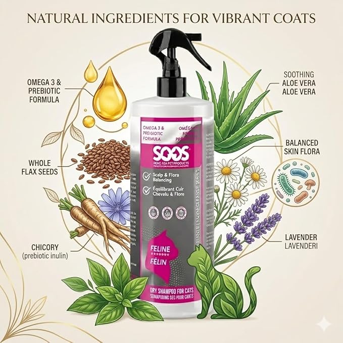 SOOS Nutri-Cleanse Waterless Cat Shampoo - Grooming Spray Omega-3 Enriched Dry Foam for Coat Deodorizing & Cleaning - 473ml
