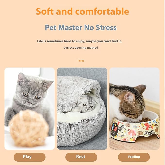 Cat Bed Round Fluffy Hooded Cat Bed Cave Puppy & Kitty,Cat Bed Round Plush Fluffy Hooded Cat Bed Cave, Cozy Cocoon Dog Bed Winter Warm Long Plush Cozy Nook Dog Bed.,23.6IN,Brown