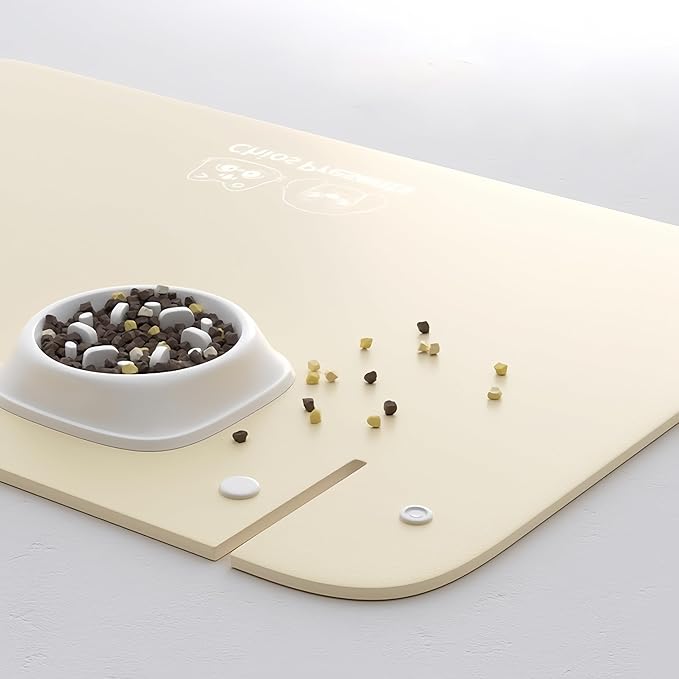 Waterproof Cat Feeding Mat - Non-Slip Leather Pet Food Mat for Cats & Small Dogs, Easy to Clean, Raised Edge to Contain Spills, BPA-Free (Beige, 13” x 9.5” x 2.4")