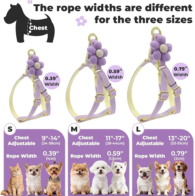 PETCARE Cute Flower Dog Harness and Bowtie Leash Set Easy Walk Puppy Dog Halter Harness for Small Dogs Girl Step in Dogs Harnesses with Buckle (Purple, Chest Adjustable 9"-14", Rope Width 0.39")