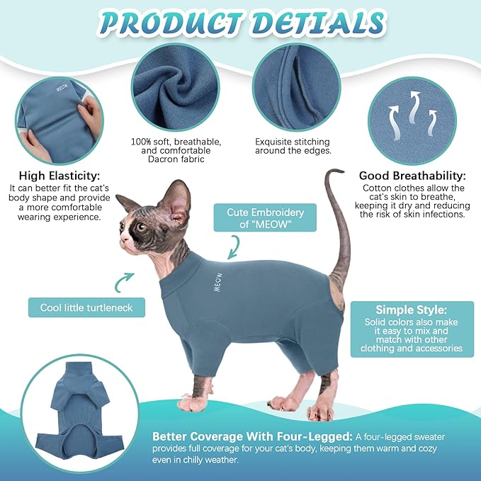 ROZKITCH Sphynx Cat Shirt, Breathable Soft Jumpers for Hairless Cats Only, Coat with Four Legs, Warm Sweater T-Shirt Pajamas Jumpsuit Vest Cornish Rex, Devon Rex, Peterbald Blue L